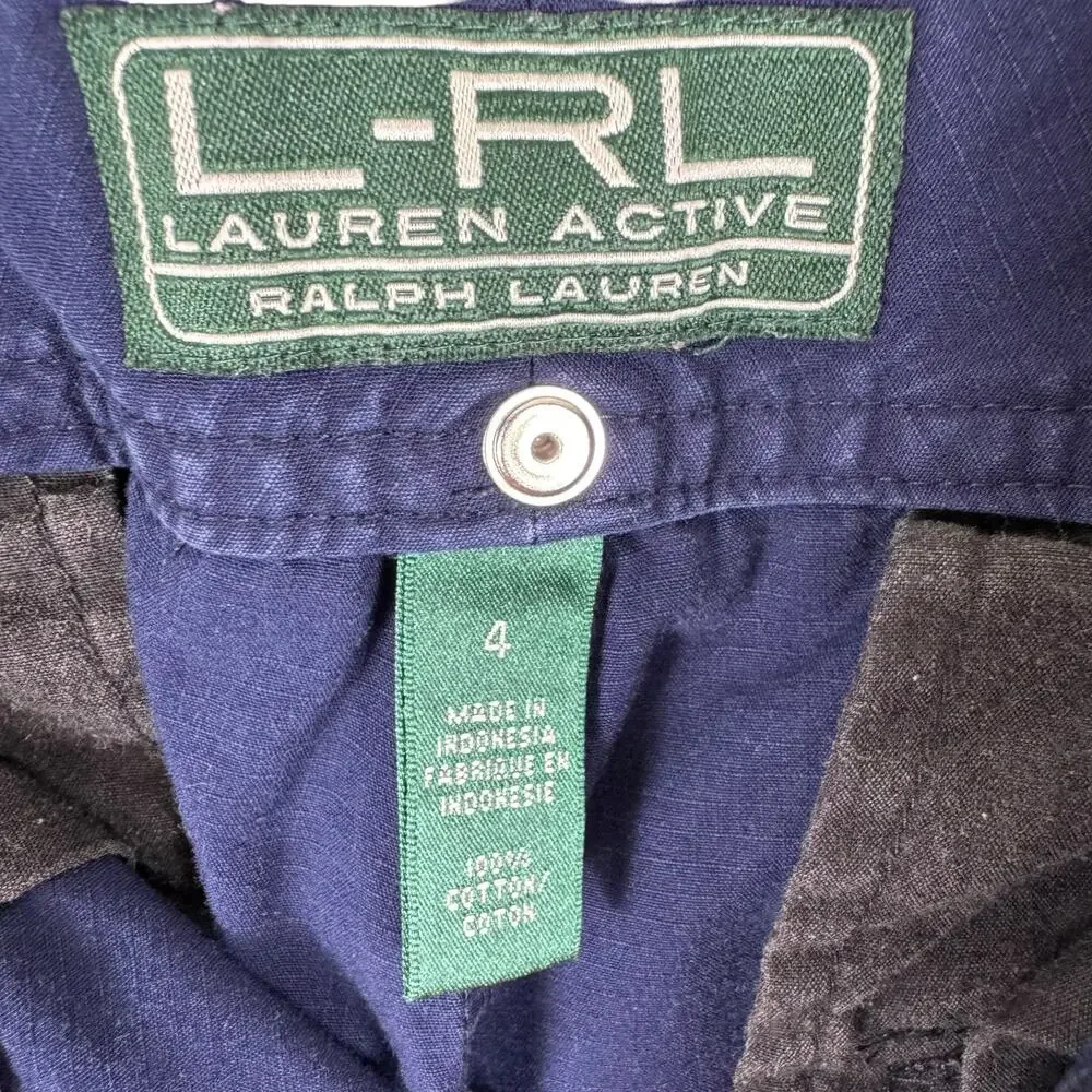 Lauren Active‎ By Ralph Lauren 100% Cotton Navy Blue Cropped Cargo Pants Size 4